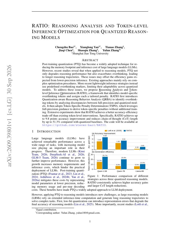 First page of RATIO: Reasoning Analysis and Token-level Inference Optimization for Quantized Reasoning Models
