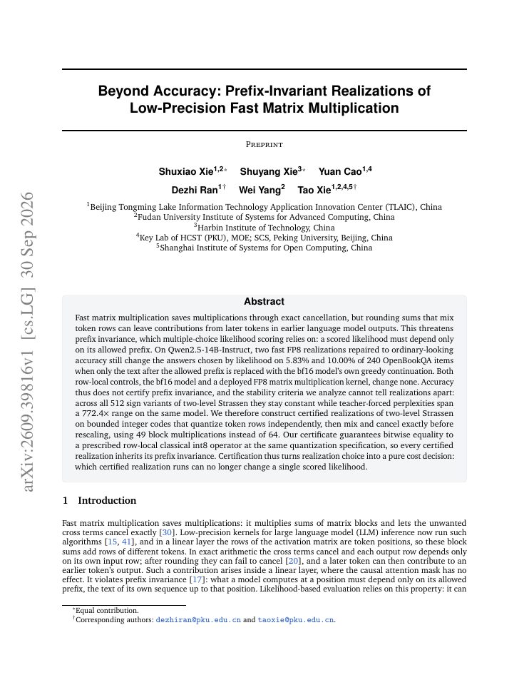 First page of Beyond Accuracy: Prefix-Invariant Realizations of Low-Precision Fast Matrix Multiplication