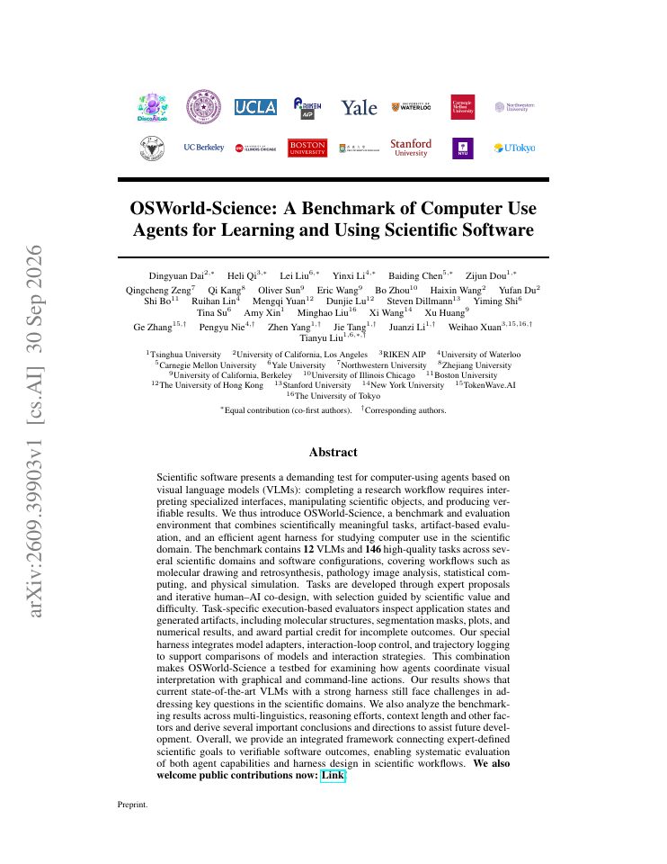 First page of OSWorld-Science: A Benchmark of Computer Use Agents for Learning and Using Scientific Software