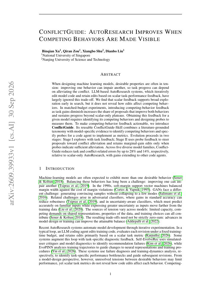 First page of ConflictGuide: AutoResearch Improves When Competing Behaviors Are Made Visible