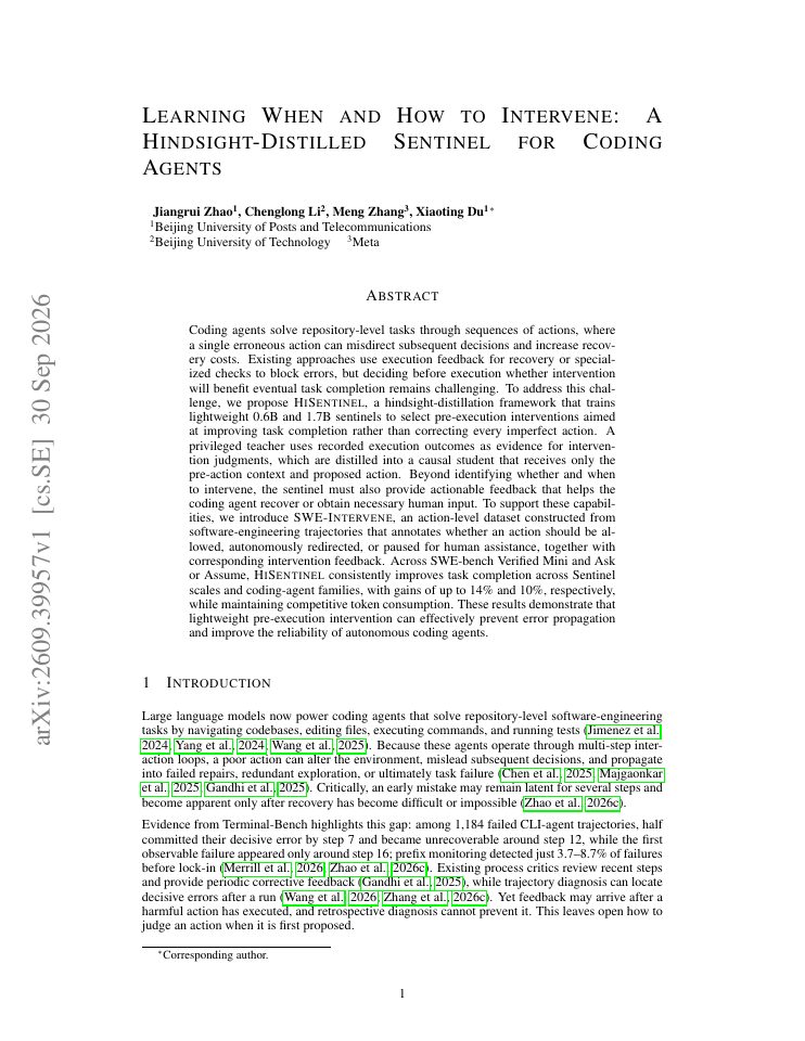 First page of Learning When and How to Intervene: A Hindsight-Distilled Sentinel for Coding Agents