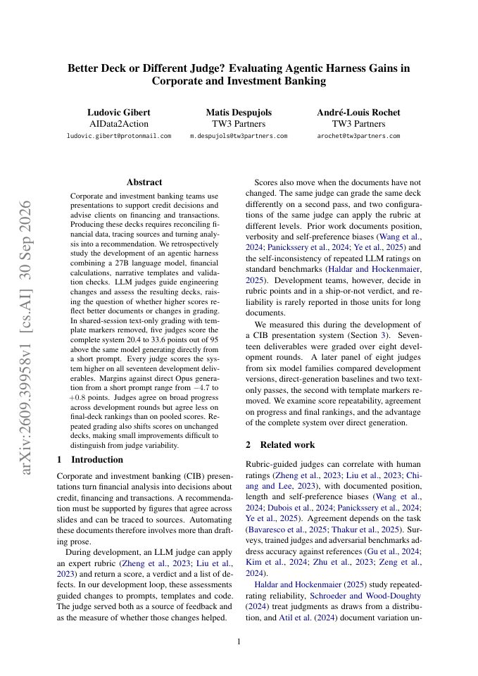 First page of Better Deck or Different Judge? Evaluating Agentic Harness Gains in Corporate and Investment Banking