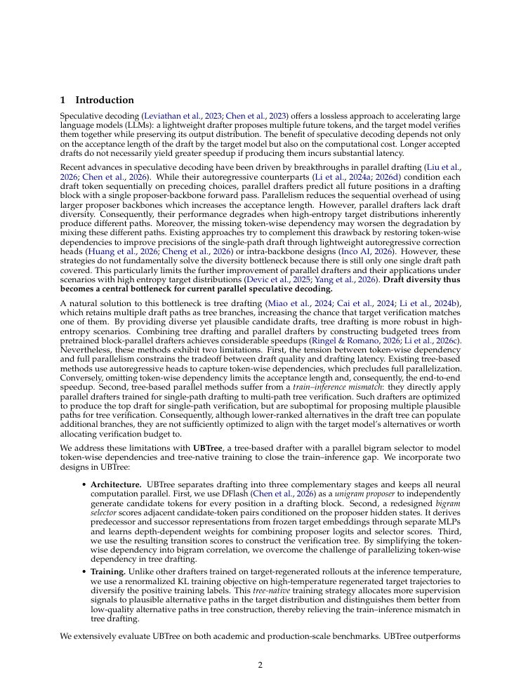 Page 2 of UBTree: Parallel Tree Drafting via Unigram and Bigram Models for Speculative Decoding