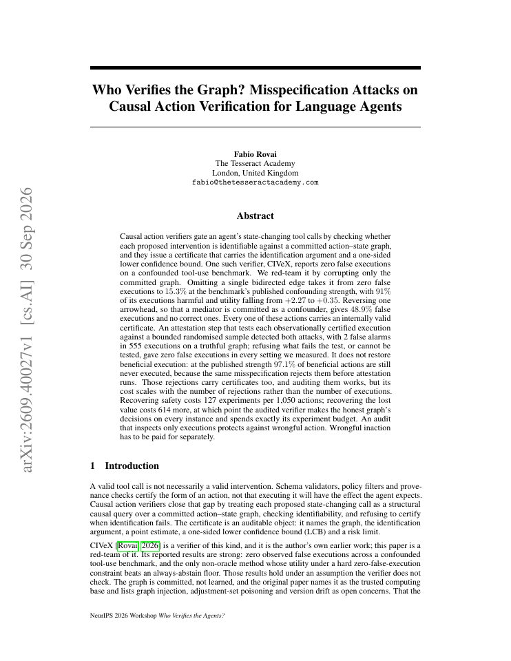First page of Who Verifies the Graph? Misspecification Attacks on Causal Action Verification for Language Agents