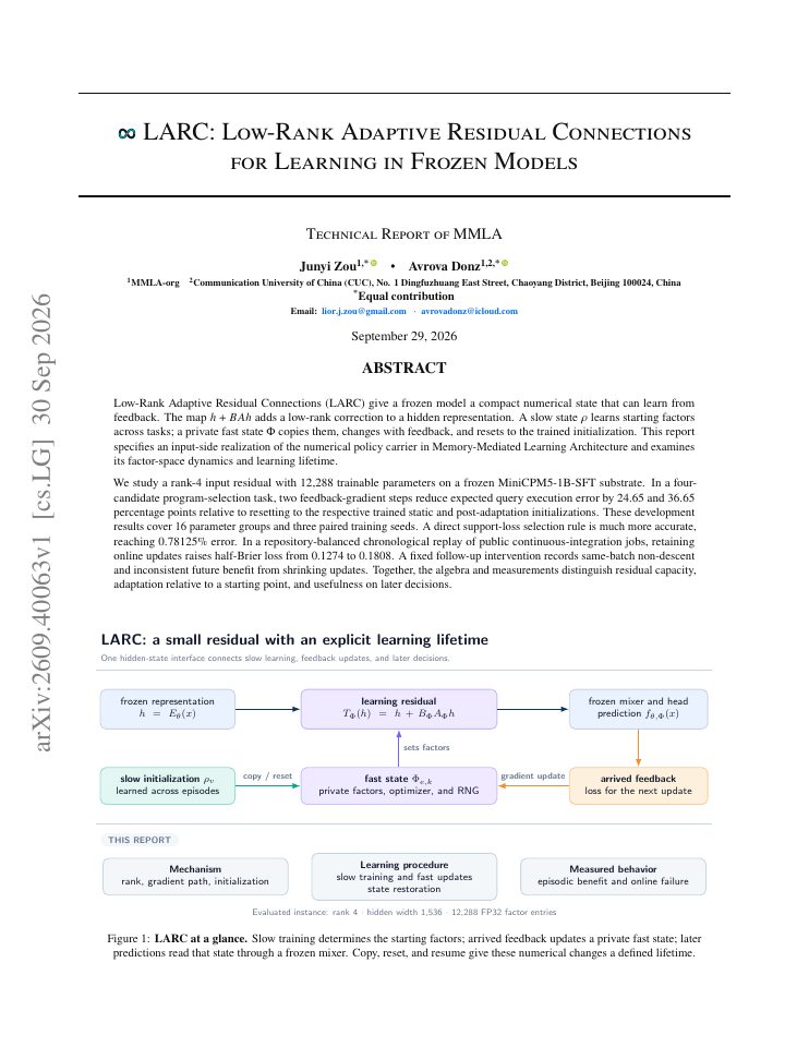 First page of LARC: Low-Rank Adaptive Residual Connections for Learning in Frozen Models