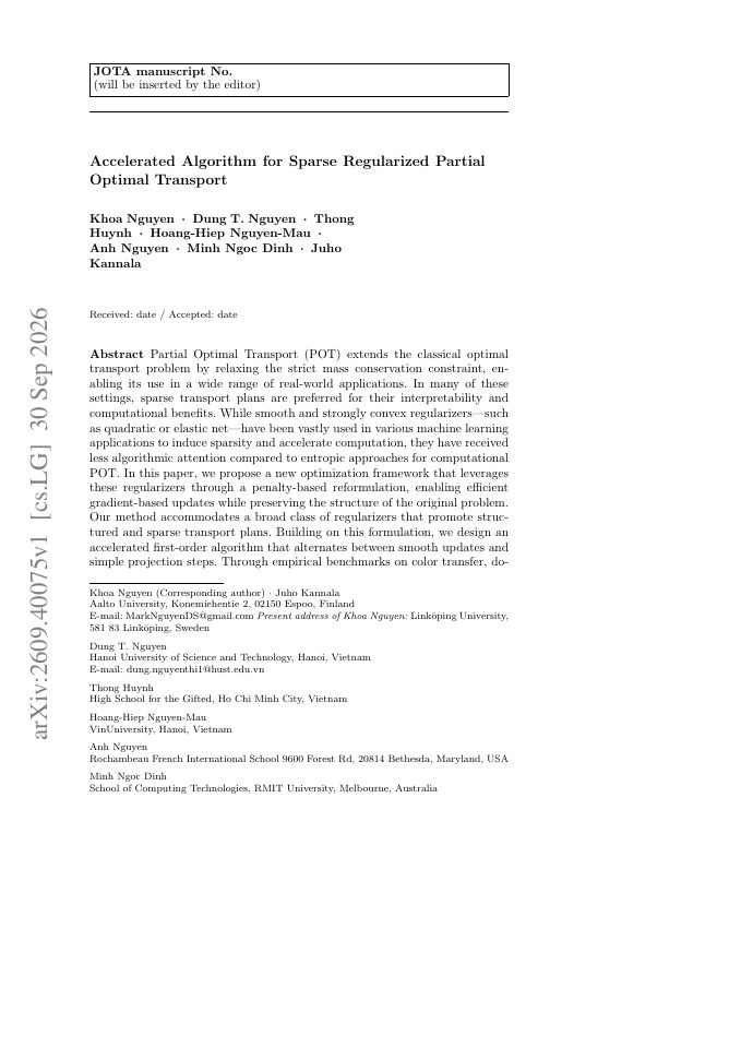 First page of Accelerated Algorithm for Sparse Regularized Partial Optimal Transport