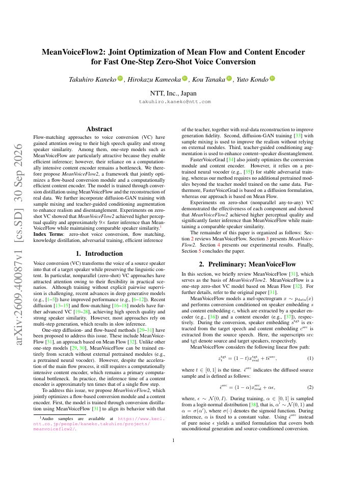 First page of MeanVoiceFlow2: Joint Optimization of Mean Flow and Content Encoder for Fast One-Step Zero-Shot Voice Conversion