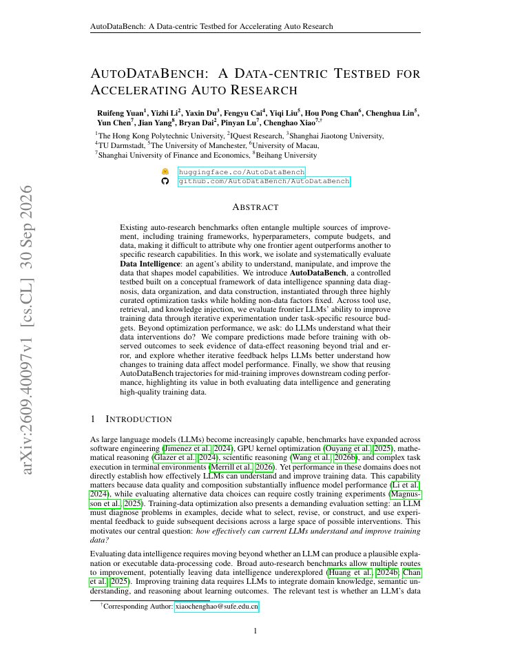 First page of AutoDataBench: A Data-centric Testbed for Accelerating Auto Research