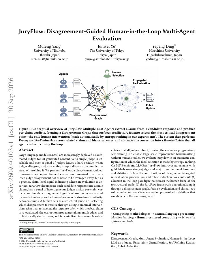 First page of JuryFlow: Disagreement-Guided Human-in-the-Loop Multi-Agent Evaluation