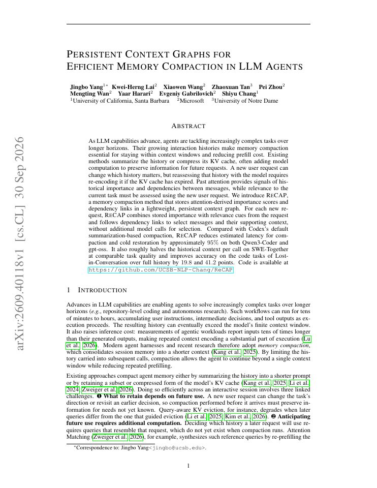 First page of Persistent Context Graphs for Efficient Memory Compaction in LLM Agents