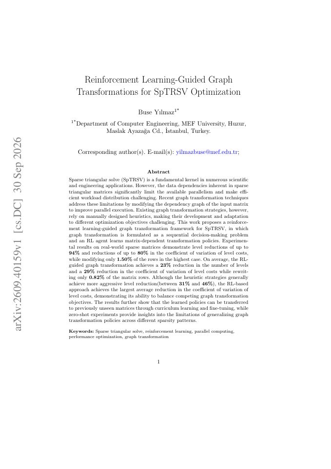 First page of Reinforcement Learning-Guided Graph Transformations for SpTRSV Optimization