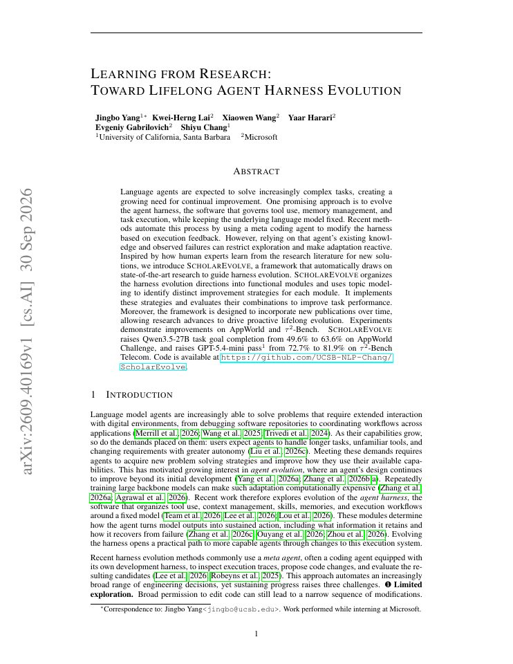 First page of Learning from Research: Toward Lifelong Agent Harness Evolution