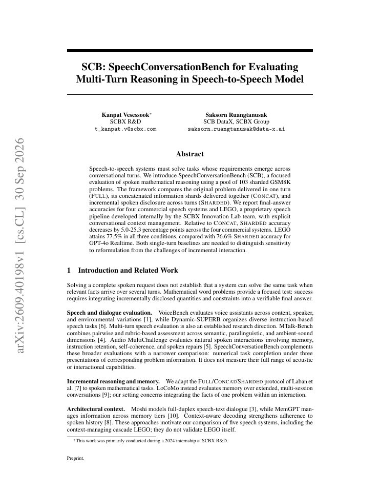 First page of SCB: SpeechConversationBench for Evaluating Multi-Turn Reasoning in Speech-to-Speech Models