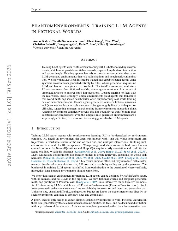 First page of PhantomEnvironments: Training LLM Agents in Fictional Worlds
