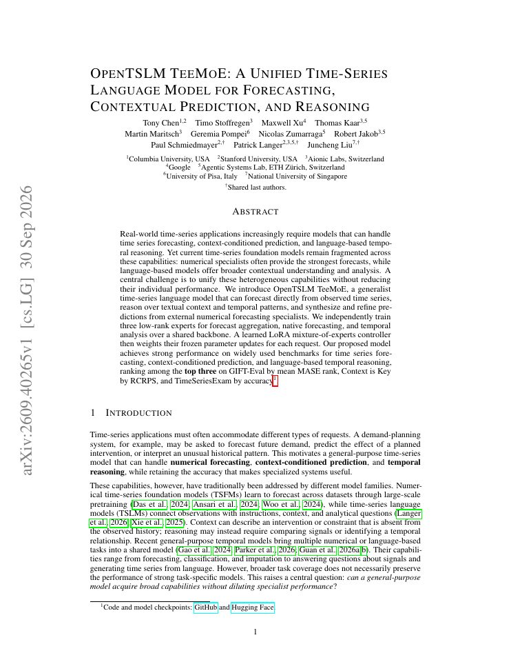 First page of OpenTSLM TeeMoE: A Unified Time-Series Language Model for Forecasting, Contextual Prediction, and Reasoning