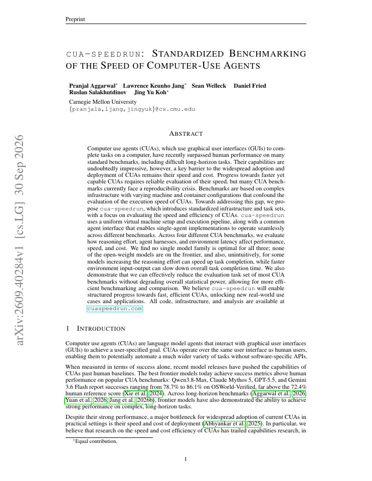 First page of cua-speedrun: Standardized Benchmarking of the Speed of Computer-Use Agents