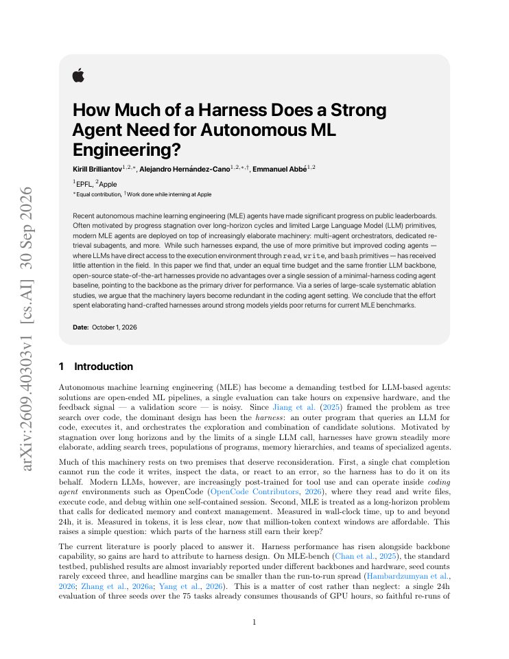 First page of How Much of a Harness Does a Strong Agent Need for Autonomous ML Engineering?