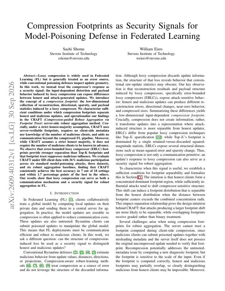 First page of Compression Footprints as Security Signals for Model-Poisoning Defense in Federated Learning