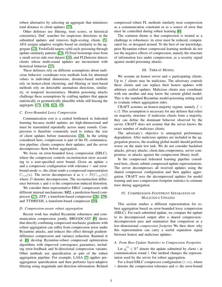 Page 3 of Compression Footprints as Security Signals for Model-Poisoning Defense in Federated Learning