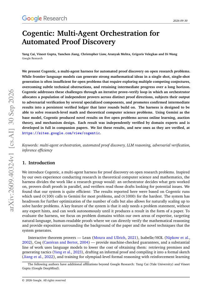 First page of Cogentic: Multi-Agent Orchestration for Automated Proof Discovery