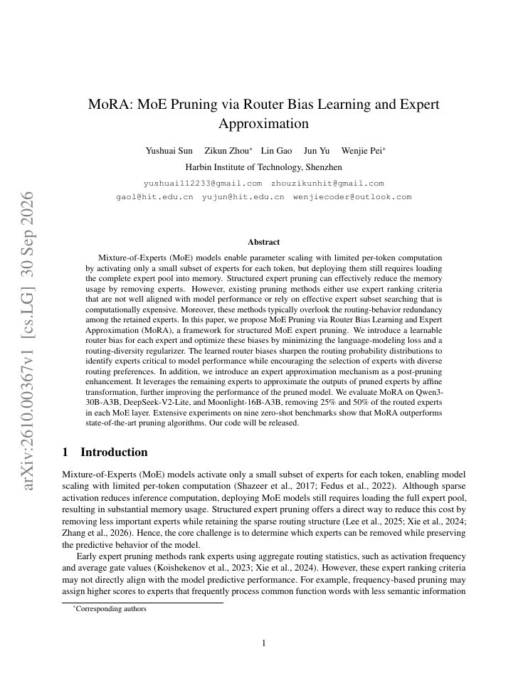 First page of MoRA: MoE Pruning via Router Bias Learning and Expert Approximation