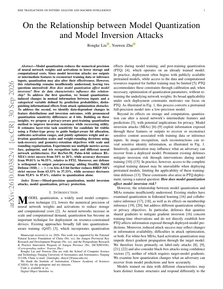 First page of On the Relationship between Model Quantization and Model Inversion Attacks