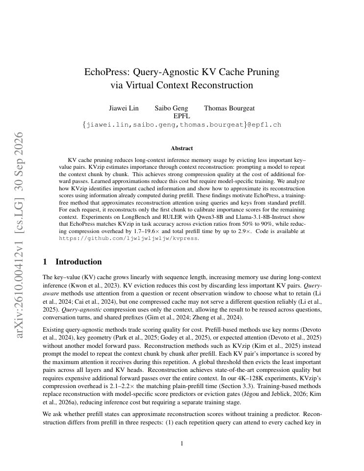 First page of EchoPress: Query-Agnostic KV Cache Pruning via Virtual Context Reconstruction