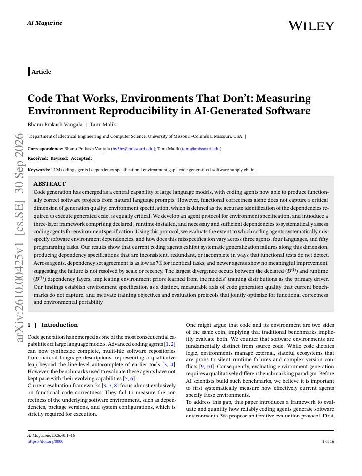 First page of Code That Works, Environments That Don't: Measuring Environment Reproducibility in AI-Generated Software