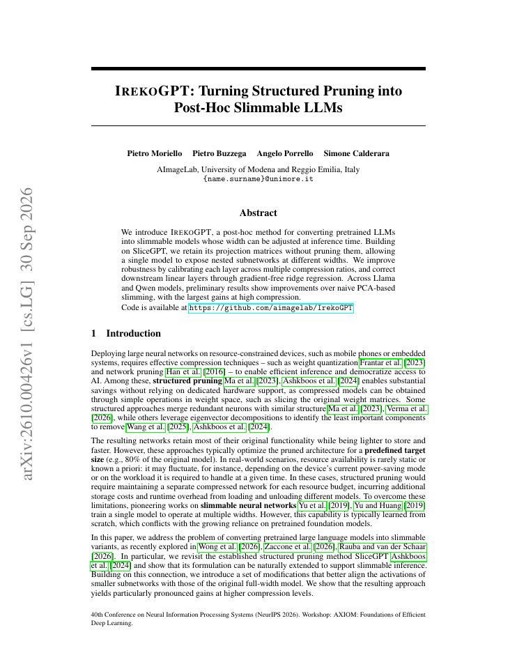 First page of IrekoGPT: Turning Structured Pruning into Post-Hoc Slimmable LLMs