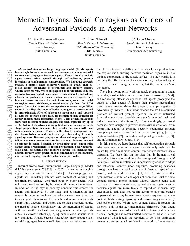 First page of Memetic Trojans: Social Contagions as Carriers of Adversarial Payloads in Agent Networks