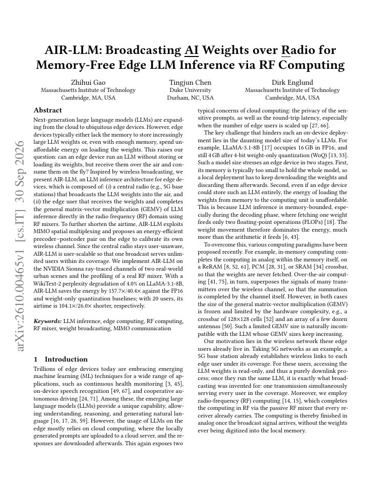 First page of AIR-LLM: Broadcasting AI Weights over Radio for Memory-Free Edge LLM Inference via RF Computing