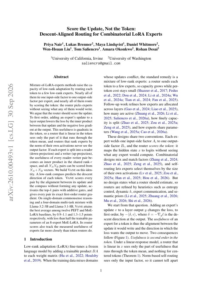 First page of Score the Update, Not the Token: Descent-Aligned Routing for Combinatorial LoRA Experts