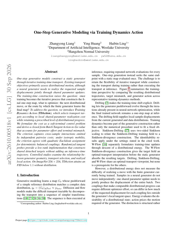 First page of One-Step Generative Modeling via Training Dynamics Action