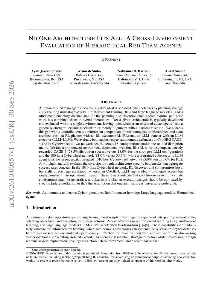 First page of No One Architecture Fits All: A Cross-Environment Evaluation of Hierarchical Red Team Agents