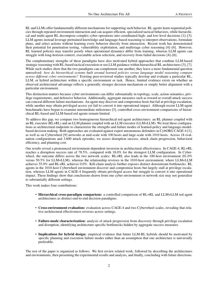 Page 2 of No One Architecture Fits All: A Cross-Environment Evaluation of Hierarchical Red Team Agents