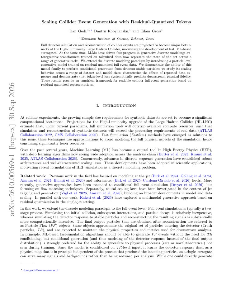 First page of Scaling Collider Event Generation with Residual-Quantized Tokens