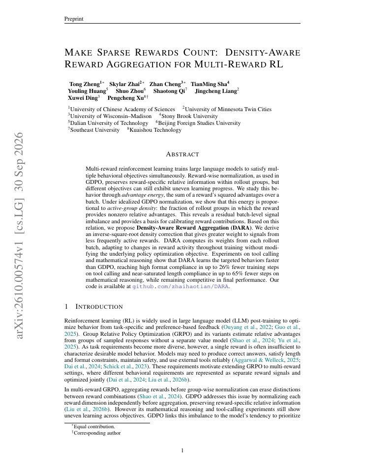 First page of Make Sparse Rewards Count: Density-Aware Reward Aggregation for Multi-Reward RL