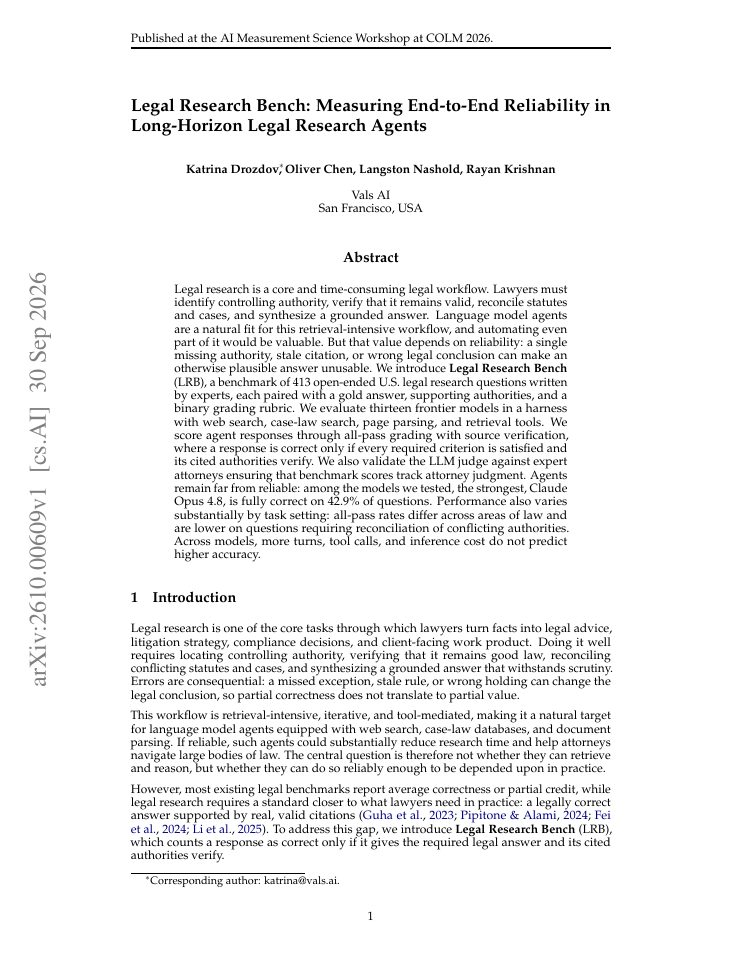 First page of Legal Research Bench: Measuring End-to-End Reliability in Long-Horizon Legal Research Agents