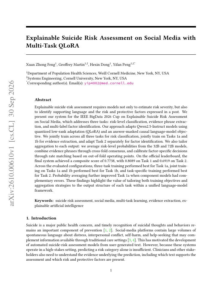 First page of Explainable Suicide Risk Assessment on Social Media with Multi-Task QLoRA