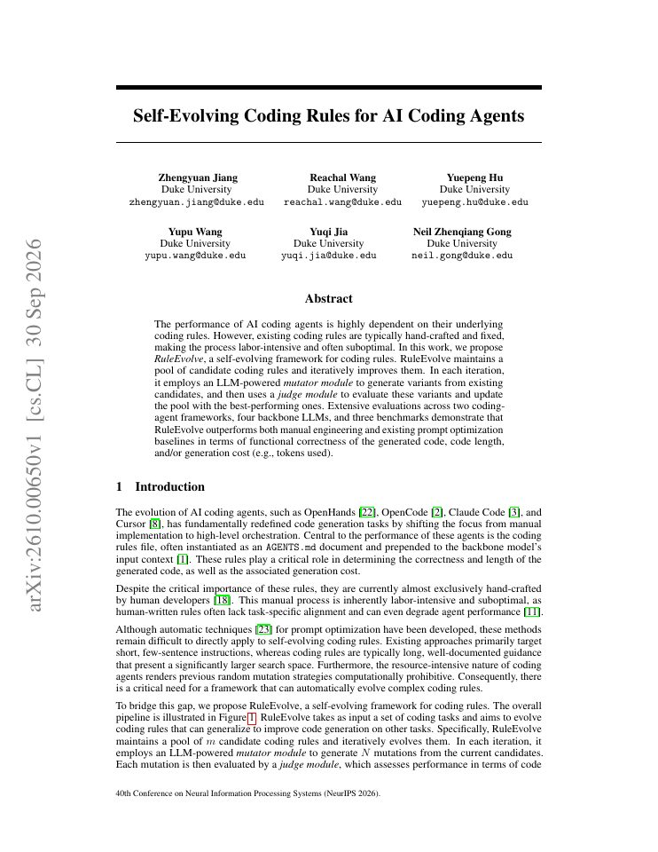 First page of Self-Evolving Coding Rules for AI Coding Agents