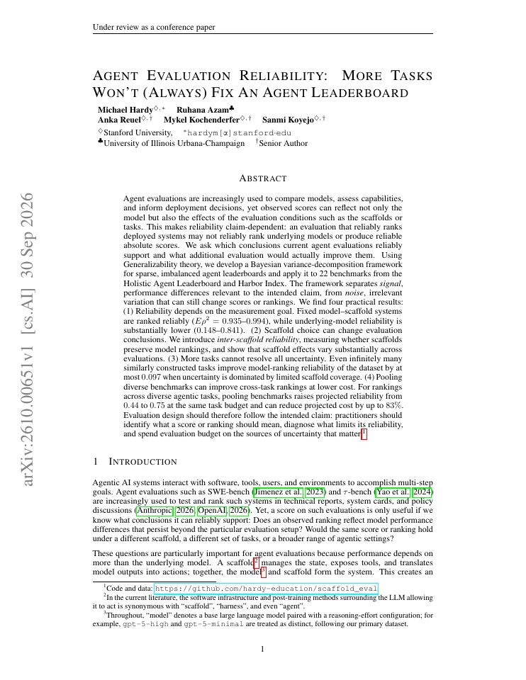First page of Agent Evaluation Reliability: More Tasks Won't (Always) Fix An Agent Leaderboard