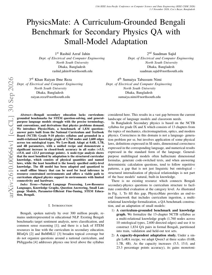 First page of PhysicsMate: A Curriculum-Grounded Bengali Benchmark for Secondary Physics QA with Small-Model Adaptation