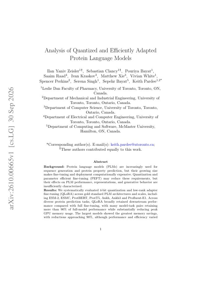 First page of Analysis of Quantized and Efficiently Adapted Protein Language Models