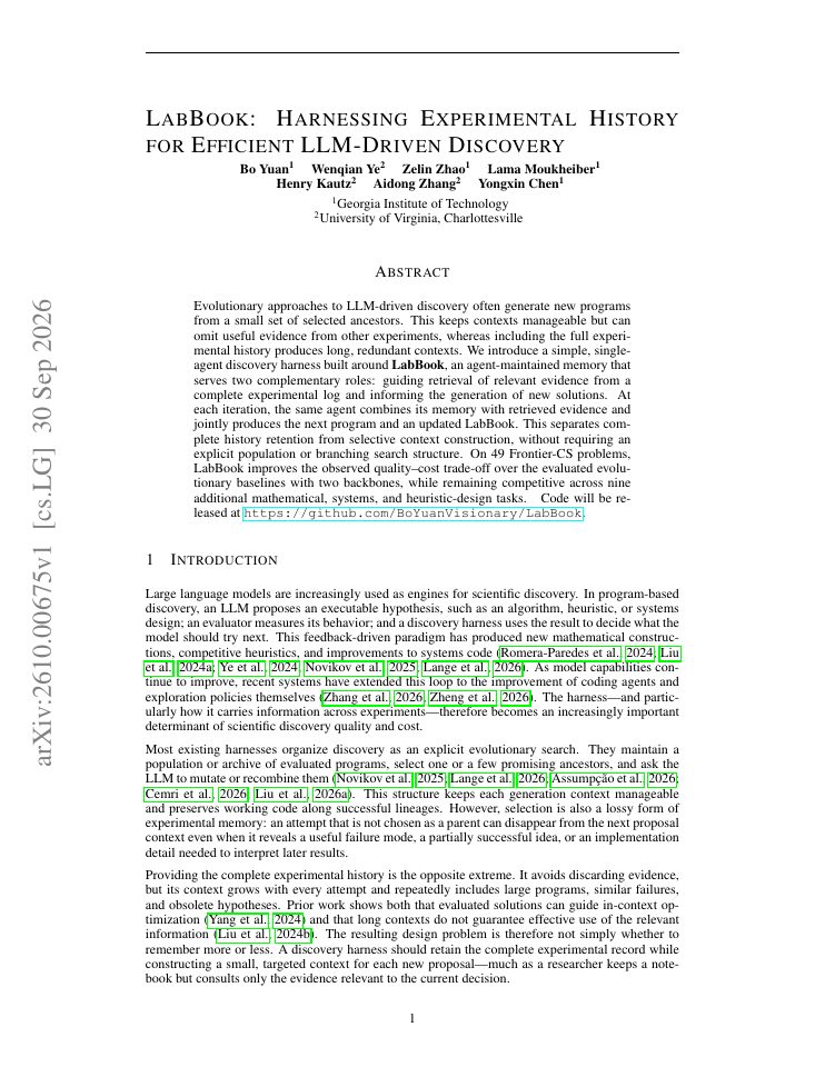 First page of LabBook: Harnessing Experimental History for Efficient LLM-Driven Discovery