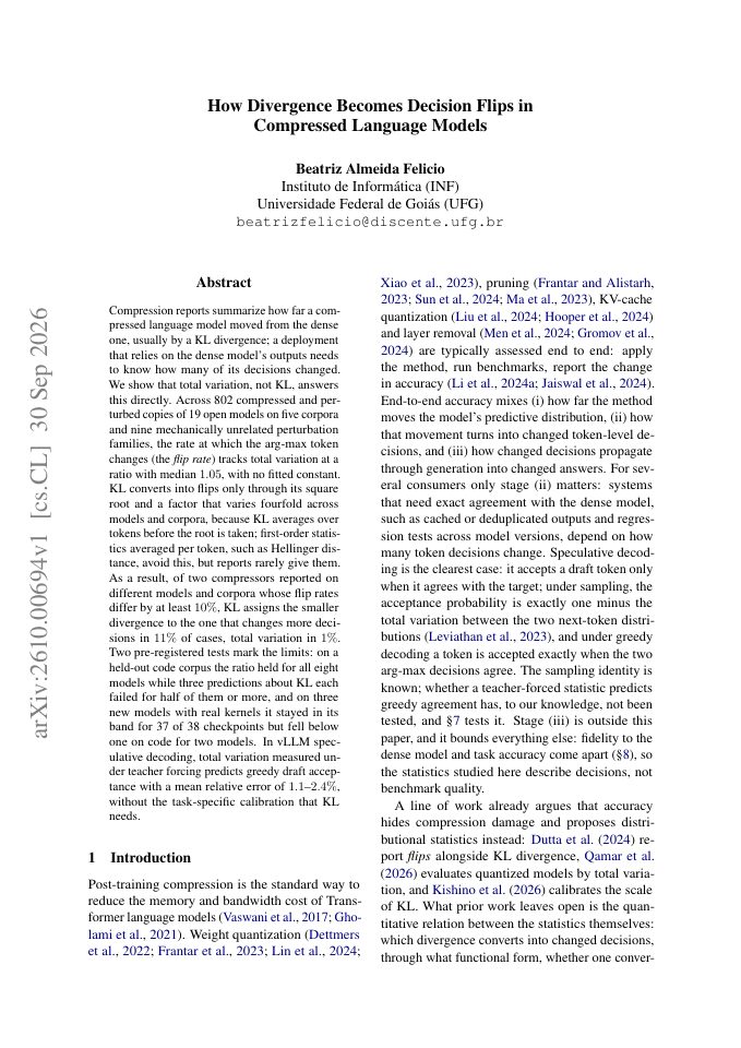 First page of How Divergence Becomes Decision Flips in Compressed Language Models