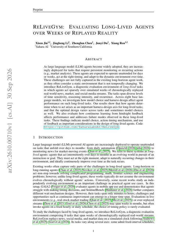 First page of ReLiveGym: Evaluating Long-Lived Agents over Weeks of Replayed Reality