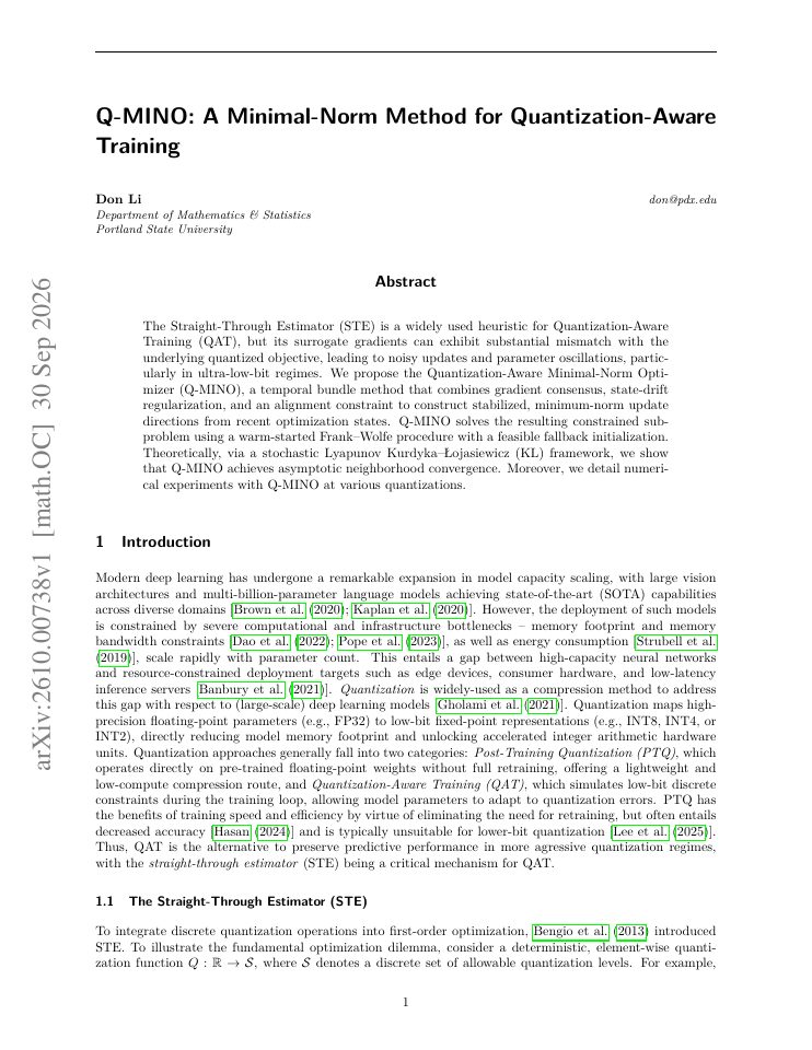 First page of Q-MINO: A Minimal-Norm Method for Quantization-Aware Training