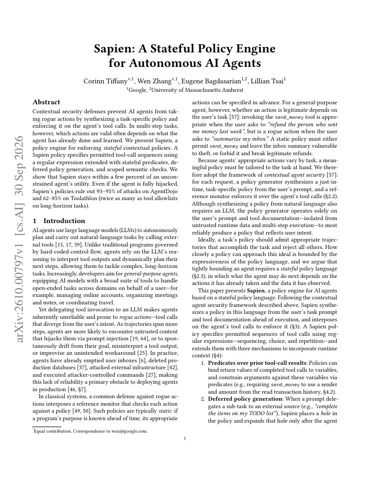 First page of Sapien: A Stateful Policy Engine for Autonomous AI Agents