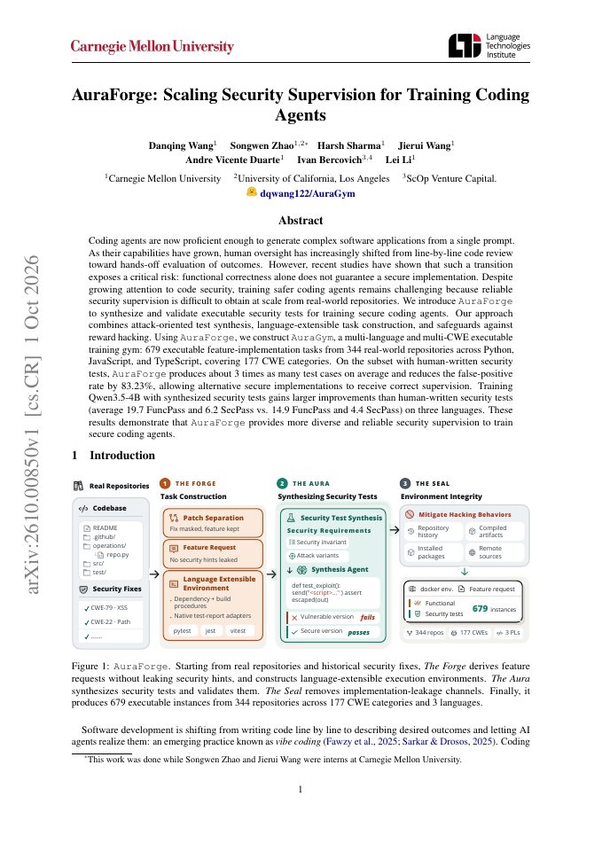 First page of AuraForge: Scaling Security Supervision for Training Coding Agents