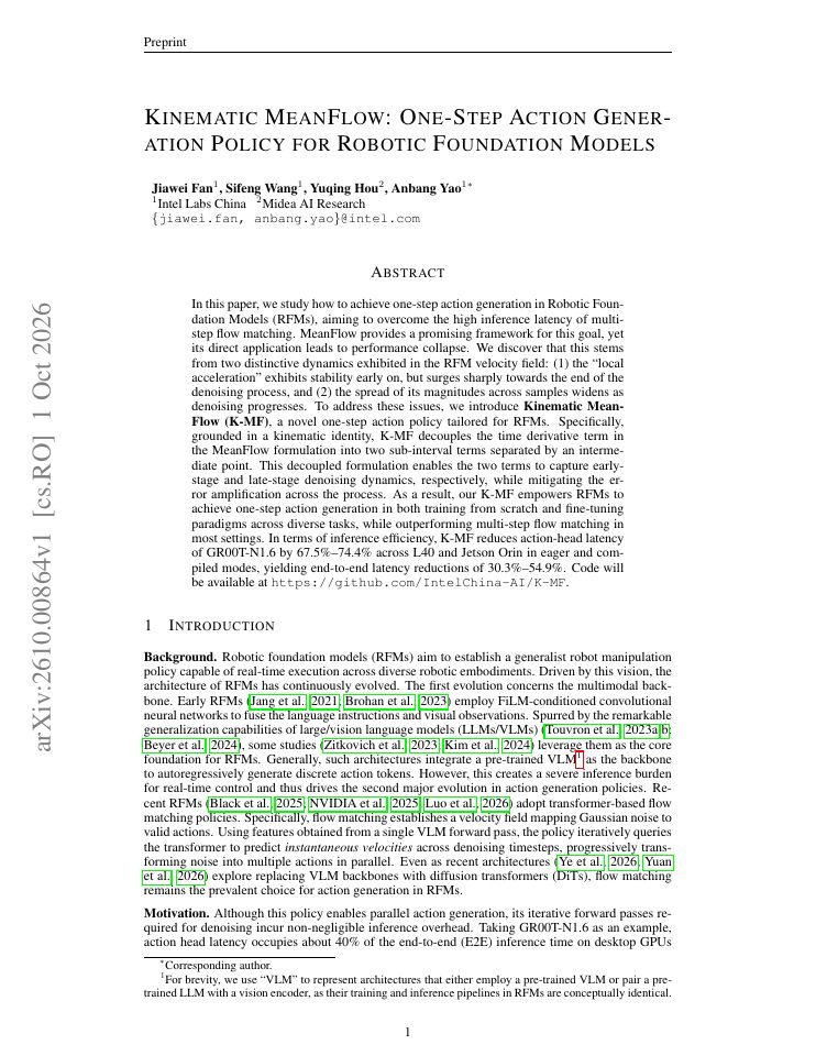 First page of Kinematic MeanFlow: One-Step Action Generation Policy for Robotic Foundation Models